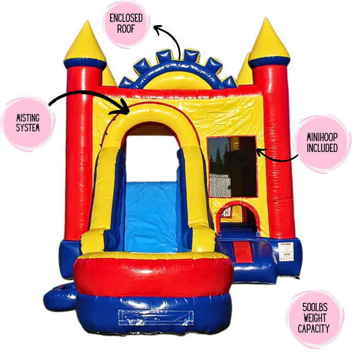 Commercial-grade Rainbow Play inflatable bounce house and slide combo featuring a built-in misting system, enclosed safety roof, and interior mini hoop. View of the vibrant red, yellow, and blue unisex design with a 500lbs weight capacity