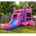 Children playing on a Rose Pink and Purple commercial grade inflatable water slide combo with a splash pool in a backyard.