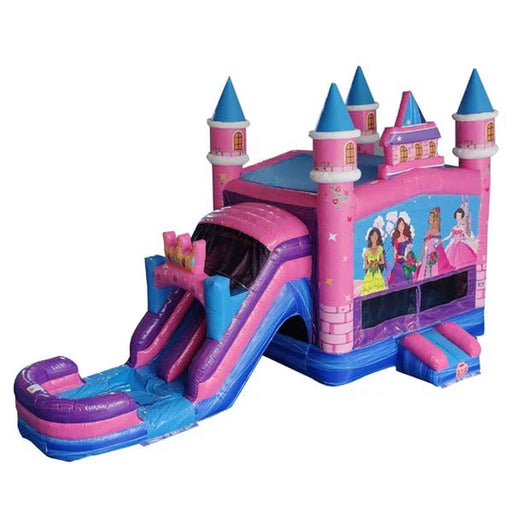 Royal Princess Bounce House Combo Wet &amp; Dry — Commercial Grade  with a slide, designed in a castle theme with turrets and princess graphics, isolated on a white background.