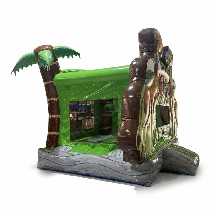 Beyond Tent Rumble Bounce House 13x13 with Blower, jungle safari themed bounce house with green camo panels and palm tree topper, angled view isolated on a white background