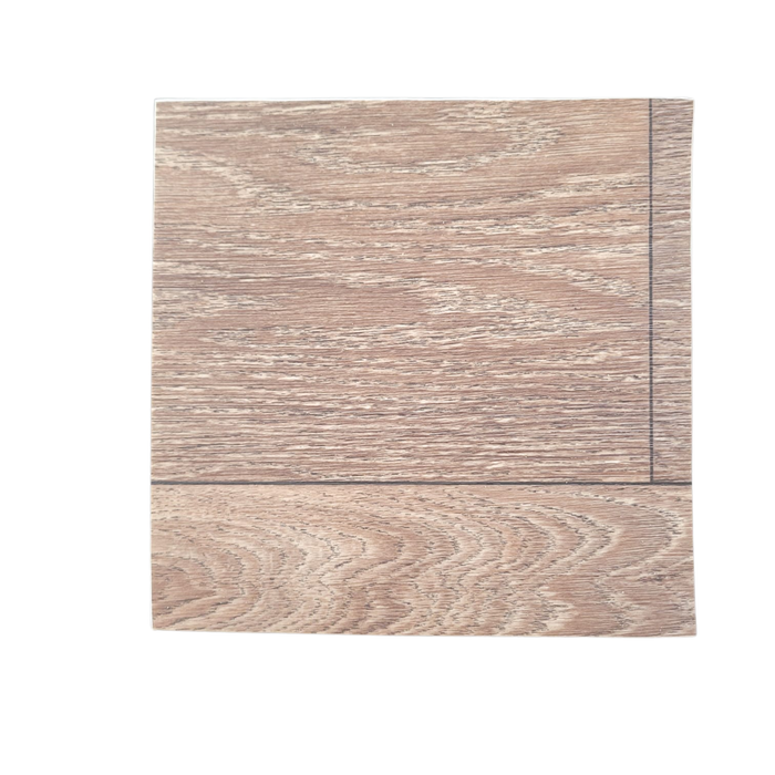 Rustic Oak vinyl flooring plank sample on a white background, close-up view of the brown wood-look grain texture