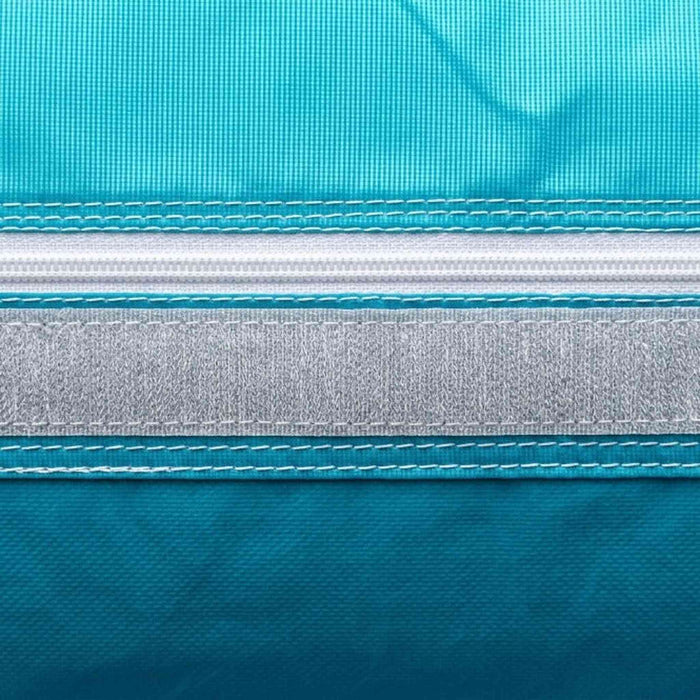Beyond Tent Solar Dual Lane Combo close-up of zipper and Velcro seam construction on teal vinyl panel