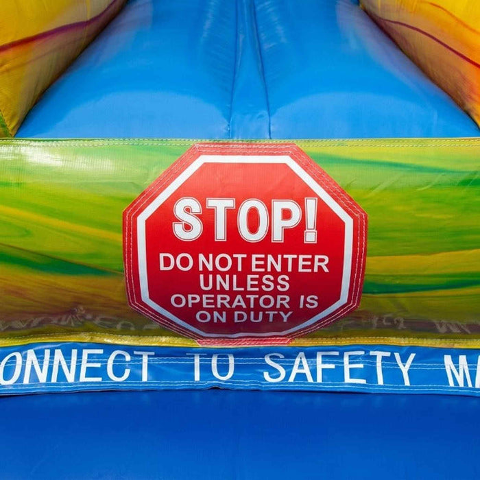 Beyond Tent Solar Dual Lane Combo STOP sign safety label at the water slide lane entrance, reading Do Not Enter Unless Operator Is On Duty, on yellow and green marbled vinyl