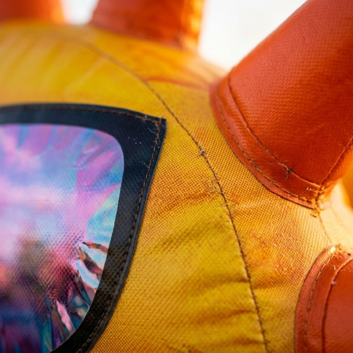 Close-up view of the commercial-grade PVC vinyl construction on the Solar Dual Lane inflatable combo, showcasing the heavy-duty reinforced stitching