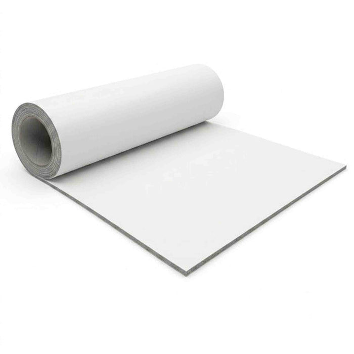 Beyond Tent Solid White Rolled Vinyl Flooring Commercial Grade, partially unrolled roll showing the smooth white finish and grey foam-backed edge on a white studio background