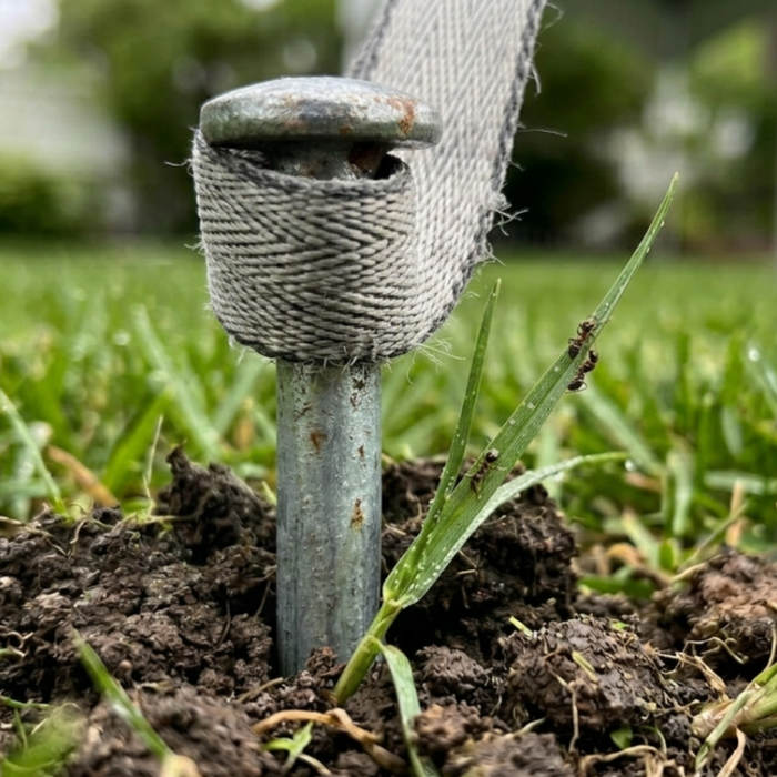 Beyond Tent West Coast Frame Tent – Staking Demonstration, galvanized steel ground stake driven into soil with fabric tie-down strap