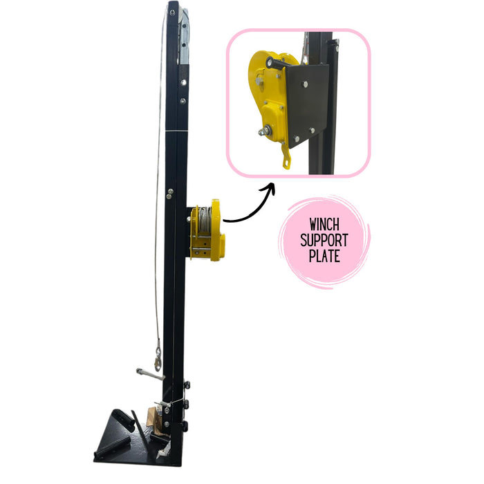 Commercial-grade black steel 12-foot frame tent jack hoist with an attached heavy-duty yellow manual hand winch and cable, featuring an inset close-up highlight of the secure winch support plate, isolated on a clean white background from Beyond Tent