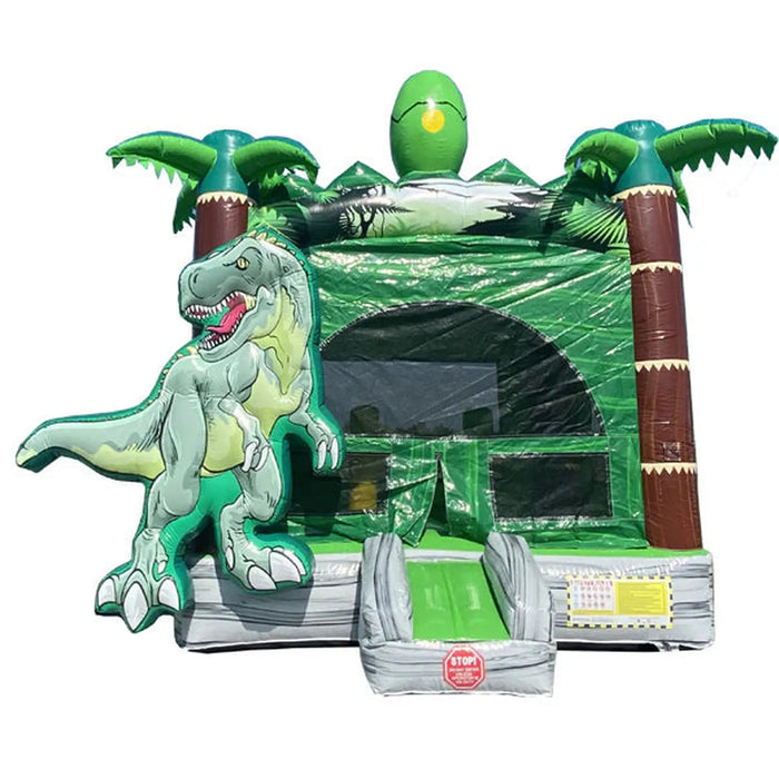 Inflatable dinosaur-themed bouncer with green and brown colors on a white background