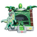 Inflatable dinosaur-themed bouncer with green and brown colors on a white background
