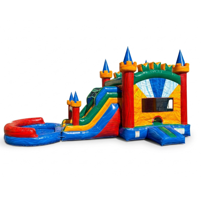 Twin Tower Dash Dual Lane Bounce House Combo Wet and Dry – front view showing colorful castle-style dual bounce chambers, twin castle towers with blue and yellow spires, green water slide, and red splash pool