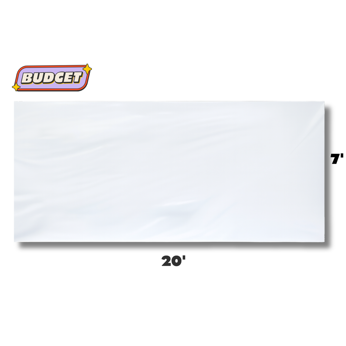 Size comparison diagram of a 7-foot tall by 20-foot wide plain white Economy budget sidewall panel with no windows.