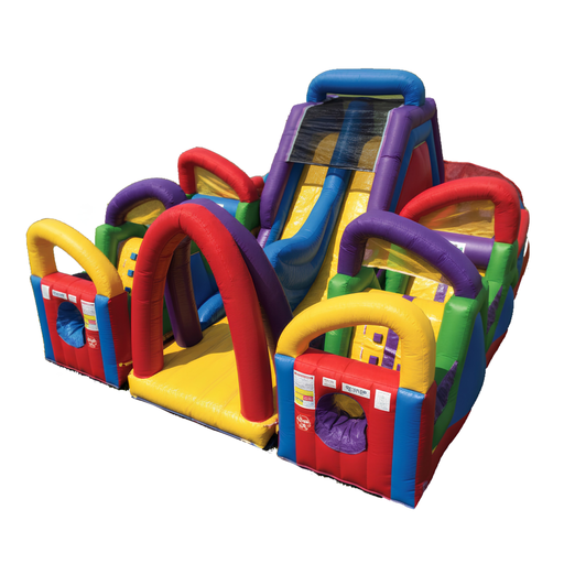Wacky Chaos Obstacle Course inflatable rental with dual climbing arches, center slide, and crawl-through tunnels in red, yellow, blue, purple and green, studio shot on white background