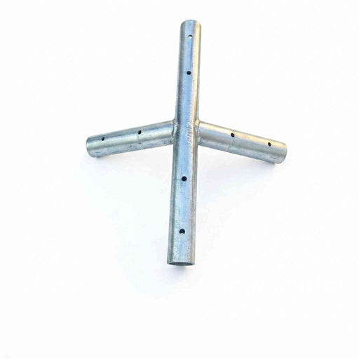 Beyond Tent West Coast Frame Tent Ridge Crown Fitting, galvanized steel 5-way crown connector fitting isolated on a white background
