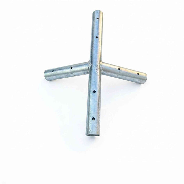 Beyond Tent West Coast Frame Tent Ridge Crown Fitting, galvanized steel 5-way crown connector fitting isolated on a white background