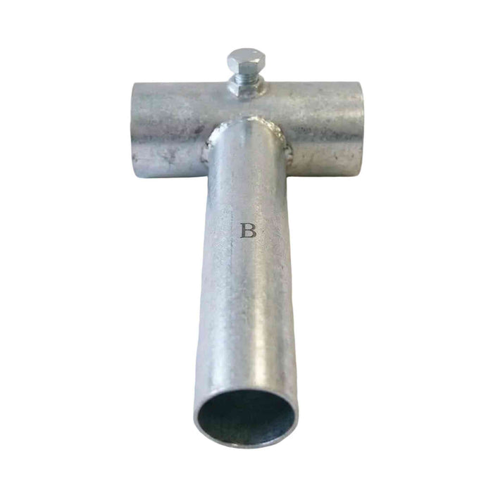 West Coast Frame Tent 1-Way End Rail fitting with a threaded top and a letter 'B' printed on the vertical tube, resting on a white fabric background.