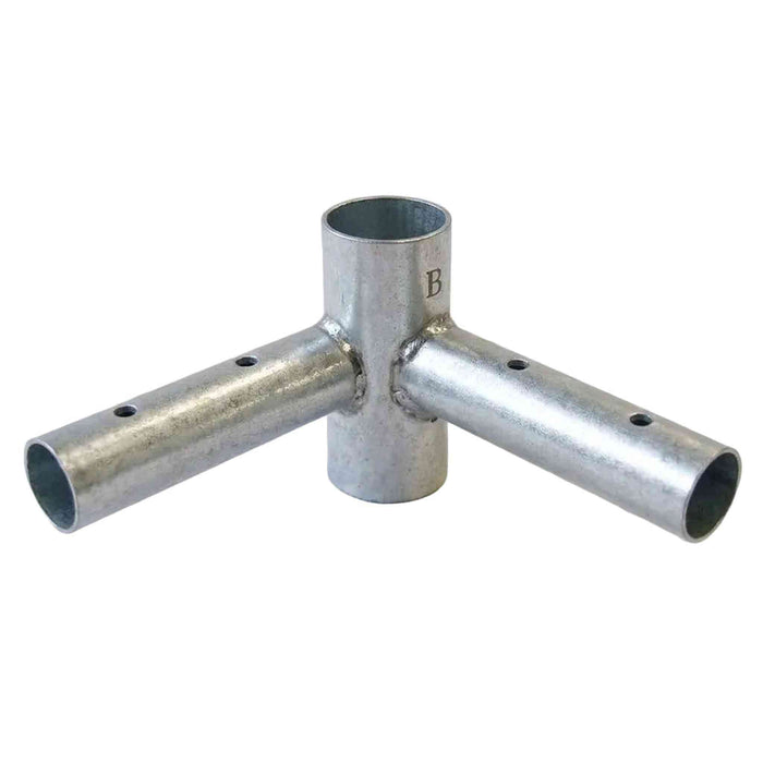 West Coast Frame Tent 2-Way Corner Rail Fitting, featuring pre-drilled holes on the side arms and a stamped letter 'B' on the vertical section, displayed on a white fabric background.