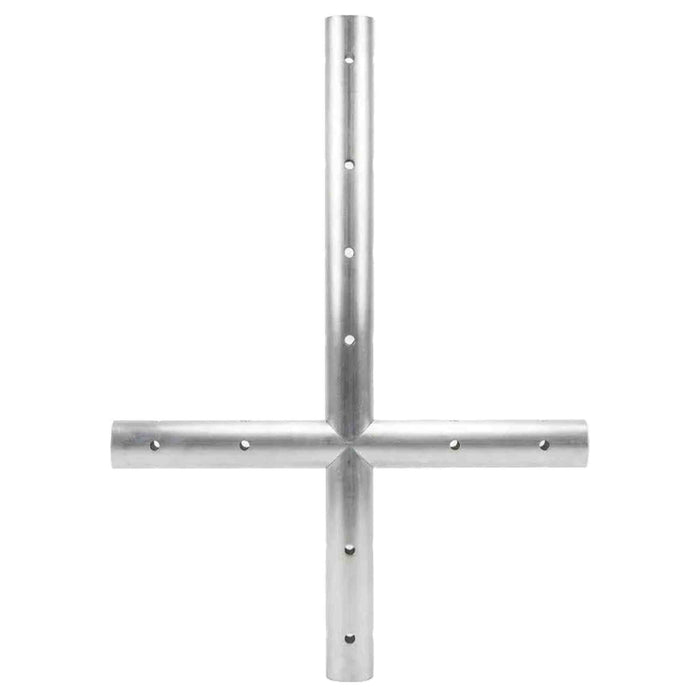 A metallic silver cross-shaped metal wall art piece with pre-drilled holes along the vertical and horizontal bars, shown against a plain white background.