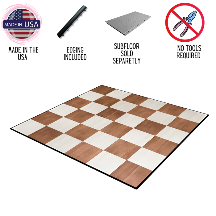 Checkered  mat with product features listed on a white background