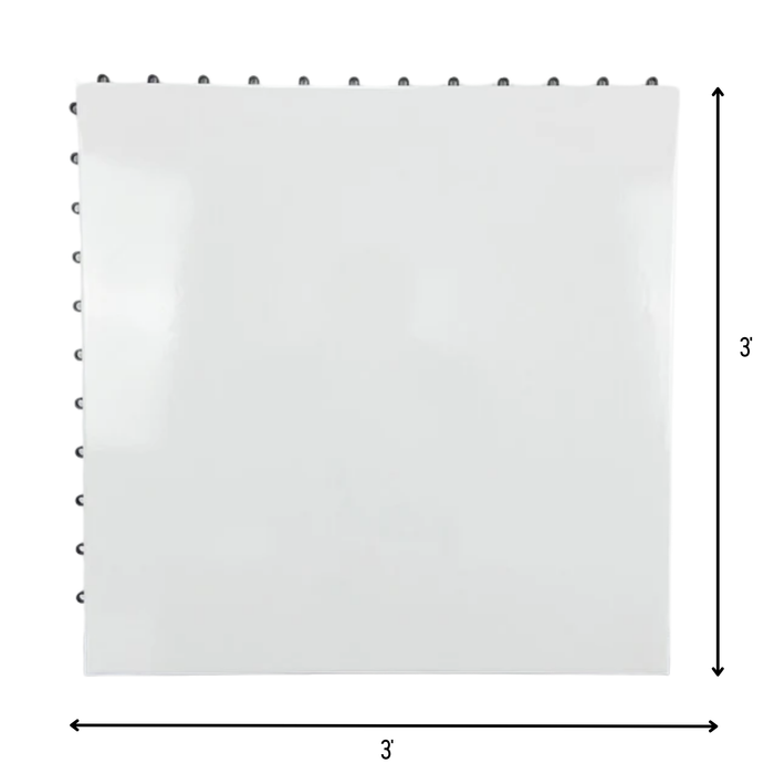 Technical diagram of a Beyond Tent 3'x3' glossy white portable dance floor tile showing exact 3-foot length and width dimensions with interlocking connection points on a white background.