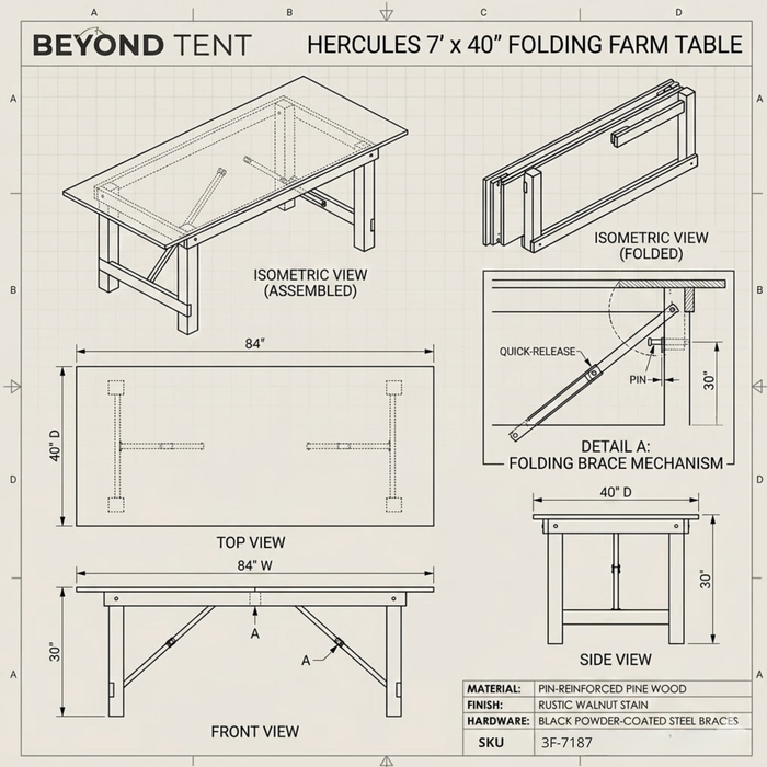 Custom Concept Rendering of a folding farm table with dimensions and views
