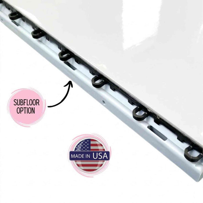 Technical close-up of a Beyond Tent portable dance floor tile showing the interlocking subfloor connection points and a "Made in USA" quality seal on a clean white background.
