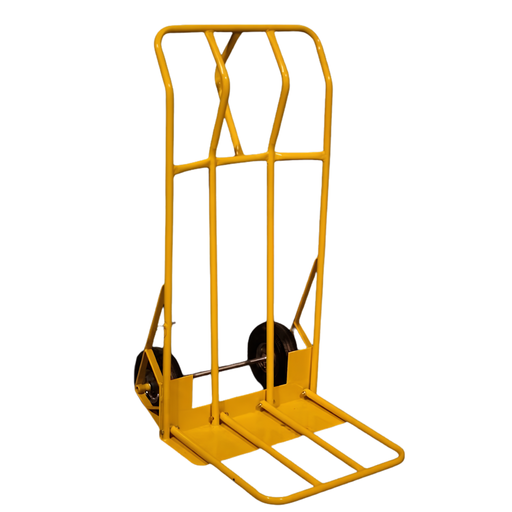 Beyond Tent heavy-duty yellow steel inflatable dolly and hand truck with an extra-wide folding nose plate and large pneumatic wheels, designed for transporting commercial bounce houses and heavy event equipment