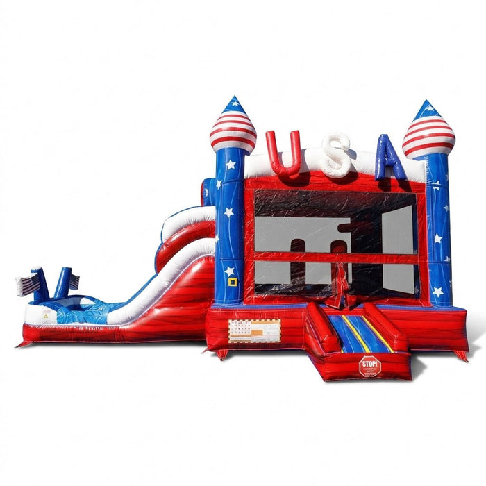 Front view of the American Titan Wet and Dry Combo on a white background, red, white and blue marble vinyl, star-covered blue towers with striped domes, USA letters and side slide