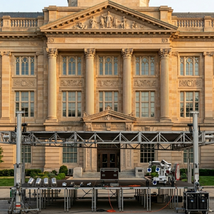 Outdoor mobile hydraulic event stage with aluminum truss roof system assembled on a plaza pavement in front of a classical architecture stone building.