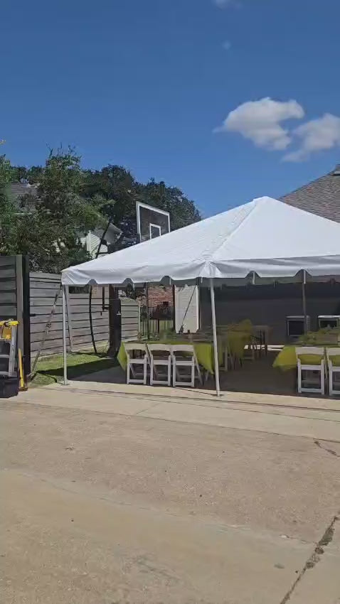 Beyond Tent 20x20 commercial West Coast frame tent interior walkthrough, highlighting 400 sq. ft. of clear-span space and anodized aluminum framework