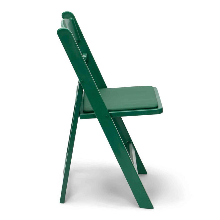 Green resin folding chair, side profile view in the open position on white background