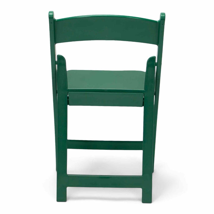 Green resin folding chair, rear view showing the back of the backrest and frame on white background