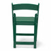 Green resin folding chair, rear view showing the back of the backrest and frame on white background