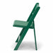 Green resin folding chair, close side profile view in the open position, showing the padded seat, backrest angle, and crossbar leg brace on white background