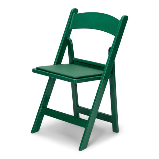 Green resin folding chair, front three-quarter view on white background