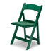 Green resin folding chair, front three-quarter view on white background