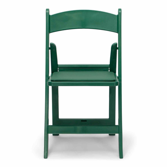 Green resin folding chair, straight-on front view showing padded seat and backrest on white background