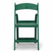 Green resin folding chair, straight-on front view showing padded seat and backrest on white background