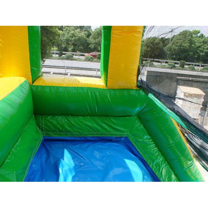 Overhead close-up of the Beyond Tent 18' Palm Tree Wet & Dry Slide splash pool basin with blue liner and green safety mesh netting, real outdoor setup