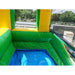 Overhead close-up of the Beyond Tent 18' Palm Tree Wet & Dry Slide splash pool basin with blue liner and green safety mesh netting, real outdoor setup