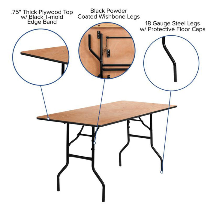 5' Rectangular Clear Coat Birchwood Folding Table