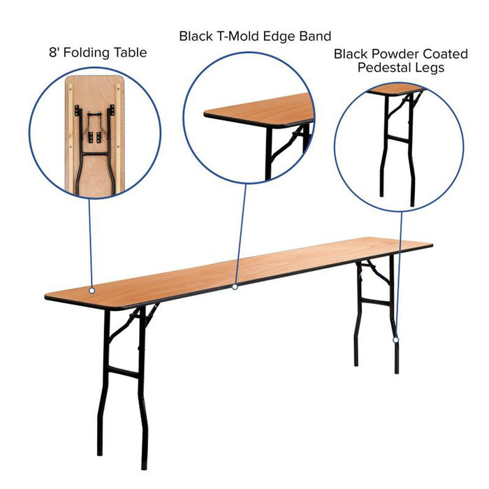 8' Rectangular Clear Coated Birchwood Seminar Folding Table